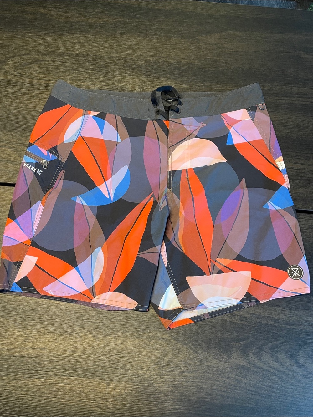 Roark Black Swim Shorts with Red, Blue & Purple Leaf Print